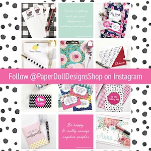 Puede incluir: Un collage de im&aacute;genes con varios dise&ntilde;os imprimibles para planificadores, diarios y otros art&iacute;culos de papel. Los dise&ntilde;os incluyen patrones florales, citas inspiradoras e ilustraciones lindas. El texto "Follow @PaperDollDesignsShop on Instagram" se muestra en la parte inferior del collage.