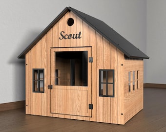 Personalized Wooden Dog House | Modern Indoor Dog Crate with Cushion