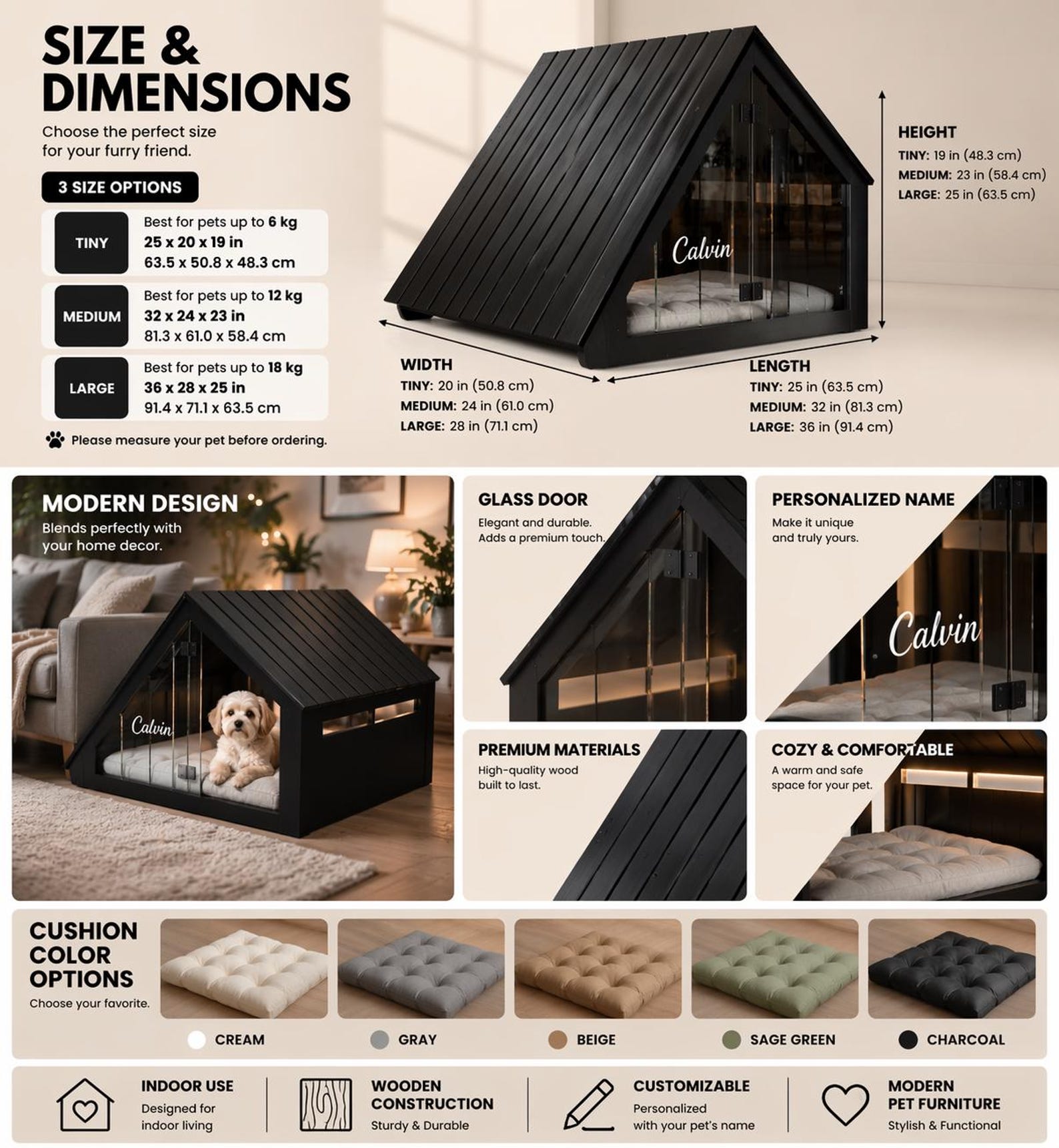 Personalized Wooden Dog House | Modern A-frame Indoor Pet Crate ...