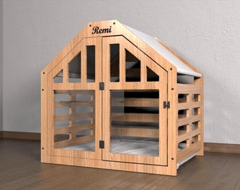 May include: A wooden dog house with a white roof and a clear door. The house has a nameplate that says "Remi".