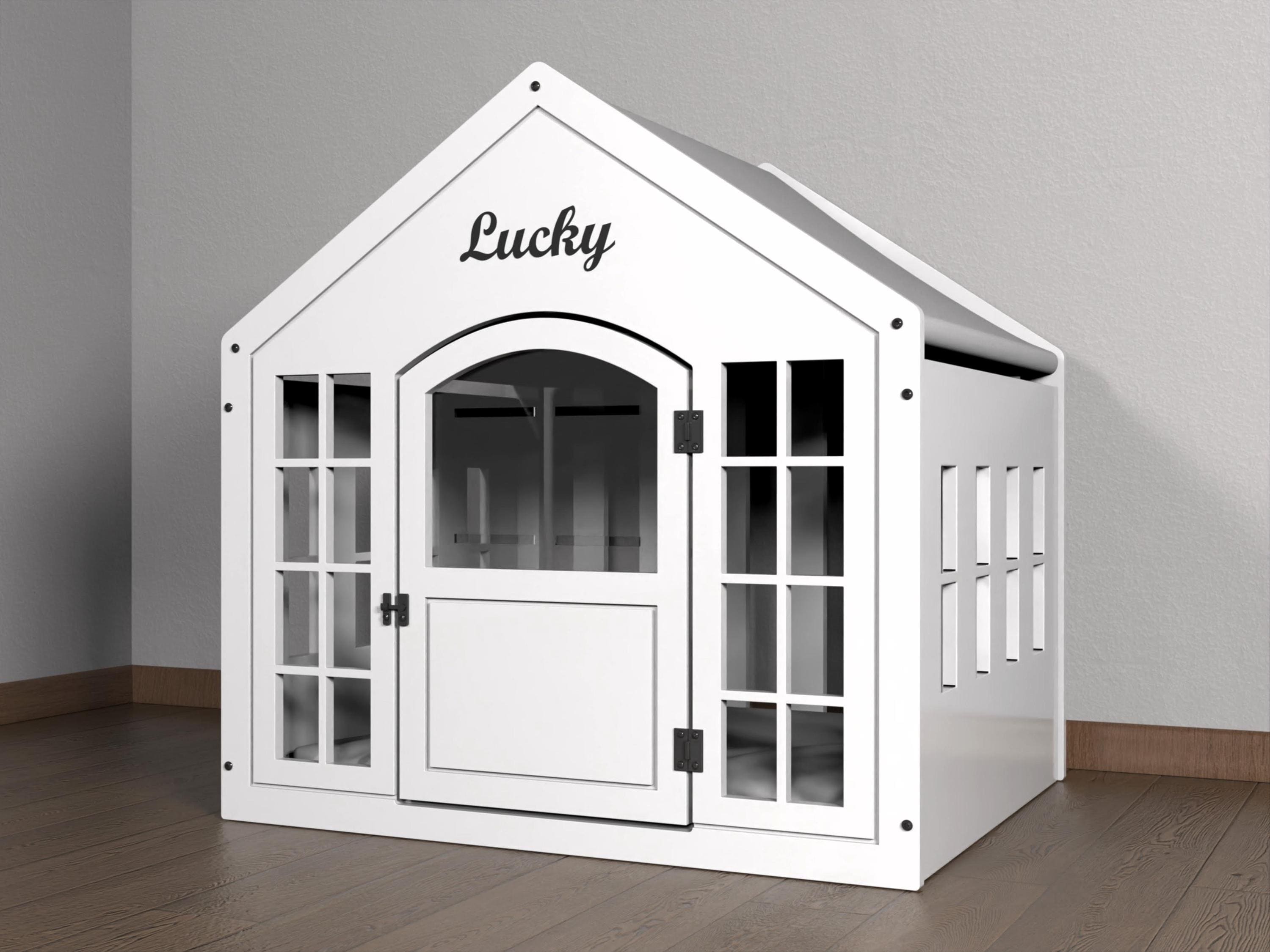 Personalized Wooden Dog Crate, Modern Indoor Dog House with Cushion
