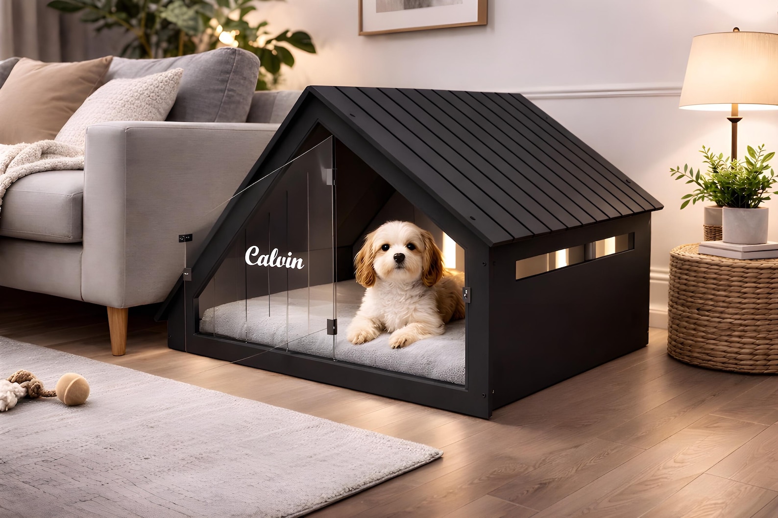 Personalized Wooden Dog House | Modern A-frame Indoor Pet Crate ...