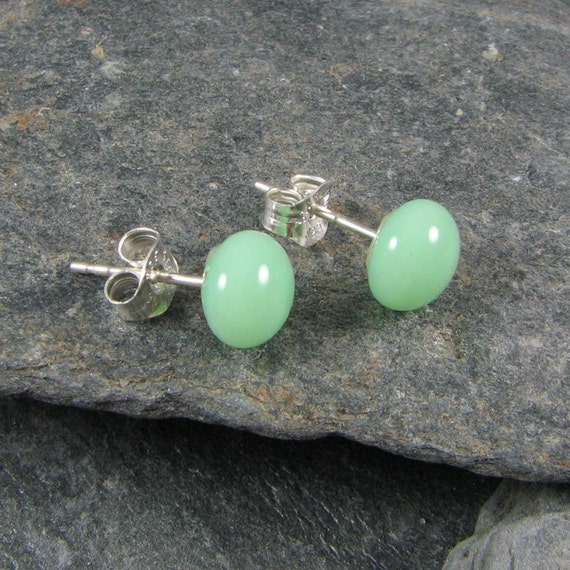 Small Round Mint Fused Glass Studs on Sterling Silver Posts