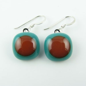 Teal & Caramel Fused Glass Earrings. Made To Order.
