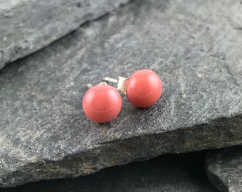Small Round Coral Fused Glass Studs on Sterling Silver Posts