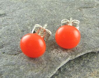 Orange Small Round Fused Glass Studs on Sterling Silver Posts