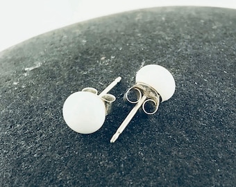 Small White Fused Glass Round Studs on Sterling Silver Posts