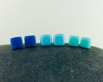 Blue Glass Studs. Square Studs. Turquoise Studs. Cyan Studs. Cobalt Studs. Bridal Earrings. Fused Glass Earrings. Glass Jewelry. Hip Studs.