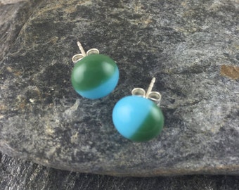 Green and Blue Studs. Fused Glass Studs. Hip Earrings. Cool Studs. Simple Studs. Abstract Art Studs. Modern Earrings. Trendy Jewelry.