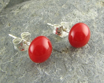 Small Round Red Glass Studs on Sterling Silver Posts