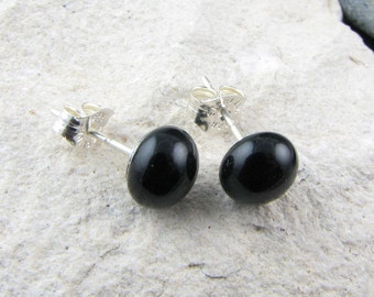 Simple Black Fused Glass Round Studs on Sterling Silver Posts