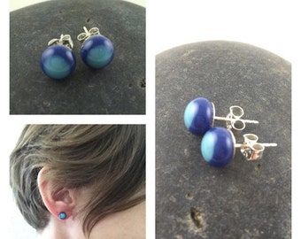 Two Tone Small Blue Glass Studs on Sterling Silver Posts
