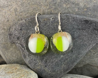 Lime Green White Clear Glass Earrings. Pop of Color. Cool Glass Earrings. Modern Bold Jewelry. Trendy Jewelry. Funky Glass Earrings.