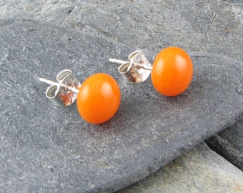 Small Round Peach Fused Glass Studs on Sterling Silver Posts