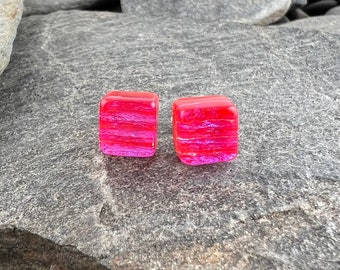 Pink Dichroic Glass Stud Sparkly Earrings. Fused Glass Shiny Dichro Studs.