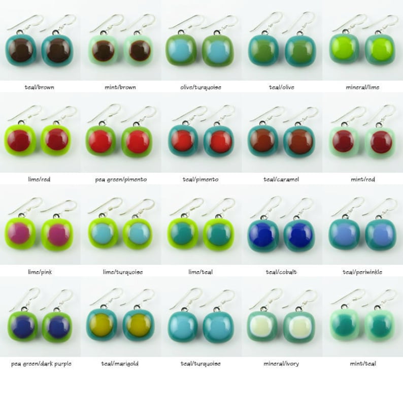 May include: Twenty pairs of square glass earrings with silver hooks. Each earring features a different color combination of two colors. The colors include teal, brown, mint, olive, turquoise, lime, red, pea green, pimento, caramel, cobalt, periwinkle, dark purple, marigold, and ivory.