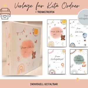 May include: A white binder with the text "Meine Kita Zeit" and decorative illustrations of a bear, rainbow, and sun. The image also shows four different cover designs with similar illustrations and text, including "Meine Kita Zeit" and "Meine Kindergartenzeit".