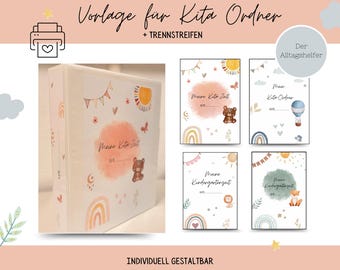 Puede incluir: Una carpeta blanca con el texto "Meine Kita Zeit" e ilustraciones decorativas de un oso, un arcoíris y un sol. La imagen también muestra cuatro diseños de portada diferentes con ilustraciones y texto similares.