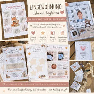 Op de afbeelding: Een set educatieve printables voor de opvang van kinderen, met de tekst Eingewöhnung liebevoll begleiten, een Ich-Buch fotoalbum, stervormige sjablonen en geïllustreerde vellen met een vos- en berenmotief in zachte pasteltinten.
