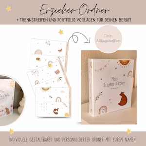 Könnte beinhalten: Ein weißer Ordner mit dem Text "Mein Erzieher-Ordner" und Illustrationen eines Bären, einer Sonne und eines Regenbogens. Das Bild zeigt auch Trennseiten mit ähnlichen Designs und dem Text "+ TRENNSTREIFEN UND PORTFOLIO VORLAGEN FÜR DEINEN BERUF!" und "INDIVIDUELL GESTALTBARER UND PERSONALISIERTER ORDNER MIT EUREM NAMEN!"
