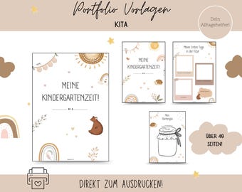 Puede incluir: Un conjunto de plantillas de portafolio imprimibles con el texto "Portfolio Vorlagen" y "KITA". Los diseños incluyen páginas con ilustraciones de un oso, sol, arcoíris y un tarro. El texto "MEINE KINDERGARTENZEIT!" es visible.