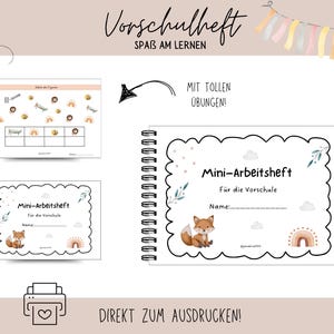 Könnte beinhalten: Ein druckbares Arbeitsblatt für Vorschulkinder mit einer Fuchs-Illustration und dem Text "Mini-Arbeitsheft" und "Für die Vorschule". Das Arbeitsblatt ist so konzipiert, dass Kinder ihre Fähigkeiten im Vorlesen und Schreiben üben können.