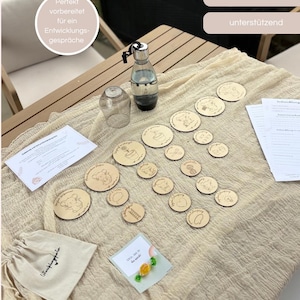 Könnte beinhalten: Ein Set aus runden Holzplättchen mit eingravierten Illustrationen und deutschem Text, eine klare Glasflasche, ein kleiner beiger Beutel mit Kordelzug sowie bedruckte Papierdokumente. Die Plättchen zeigen verschiedene Symbole wie Maus und Blume.