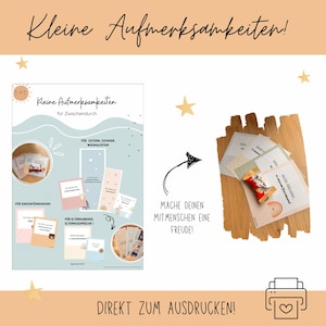 Puede incluir: Cartas imprimibles con el texto "Kleine Aufmerksamkeiten!" y "Kleine Aufmerksamkeiten für Zwischendurch" en alemán. Las tarjetas están diseñadas para diferentes ocasiones, incluyendo Pascua, verano y Navidad. Las tarjetas están sobre una superficie de madera con una barra de chocolate.