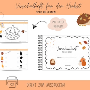 Könnte beinhalten: Ein Spiralbuch mit dem Titel "Vorschulheft für den Herbst" und dem Text "SPASS AM LERNEN". Das Cover zeigt einen Igel, Kürbisse und Herbstblätter. Enthält Malvorlagen und Zuordnungsaktivitäten.