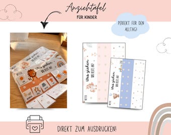 May include: An image of a children's weather and clothing chart with the text "Was ziehen WIR HEUTE AN?" and "Anziehtafel FÜR KINDER". The chart features illustrations of weather conditions, clothing, and a lion. The text "DIREKT ZUM AUSDRUCKEN!" is also visible.