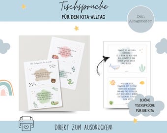 May include: Printable cards with colorful illustrations and text in German. The cards feature a whale, fish, and a bear. The text on the cards reads "Schmirat der Wal durch den Kacao" and "Viele kleine Fische schwimmen jetzt zu Tische". The cards are titled "Schöne Tischsprüche für die Kita".