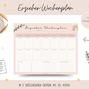 Könnte beinhalten: Ein rosafarbener Wochenplaner mit dem Titel "Erzieher Wochenplan" in Schreibschrift. Der Planer enthält Abschnitte für jeden Wochentag, Aufgaben, Notizen und Besonderheiten. Der Text "IN 3 VERSCHIEDENEN GRÖBEN: A4, A3, 40x50" ist unten.