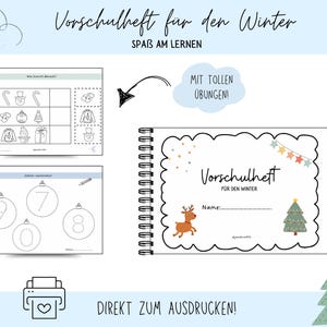 Könnte beinhalten: Ein Spiralbuch mit dem Titel "Vorschulheft für den Winter" und dem Text "SPASS AM LERNEN". Das Cover zeigt ein Rentier, einen Weihnachtsbaum und Sterne. Zusätzliche Seiten zeigen Übungen mit Illustrationen von winterlichen Objekten.
