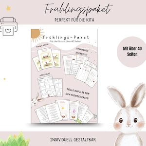 Könnte beinhalten: Ein Paket mit Lehrmaterialien für einen Kindergarten. Das Paket enthält Yoga-Karten, Portfolio-Seiten und andere Arbeitsblätter. Der Text auf dem Paket lautet "Frühlingspaket" und "Perfect for the Kita". Ein Cartoon-Hase ist im Bild.