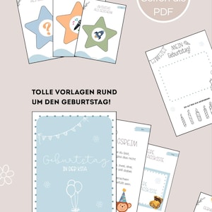 Könnte beinhalten: Eine Sammlung von druckbaren Geburtstagsaktivitätsblättern. Die Blätter zeigen sternförmige Designs mit einem Fragezeichen, Noten und einer Rakete. Weitere Blätter enthalten Geburtstagsvorlagen mit deutschem Text.