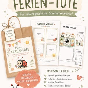 Könnte beinhalten: Eine braune Papiertüte mit der Aufschrift Meine Ferien-Tüte und einer Marienkäfer-Illustration, begleitet von zwei bedruckten Vorlagenbögen mit Polaroid- und Kameramotiven, verziert mit sommerlichen Grafiken und verschiedenen Texten.