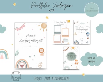 May include: A set of printable portfolio templates for a kindergarten classroom. The templates feature a colorful, whimsical design with rainbows, stars, and animals. The text on the templates reads "Meine Kindergartenzeit" (My Kindergarten Time) and "Uber 40 Seiten!" (Over 40 Pages!).