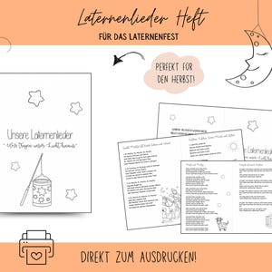 Könnte beinhalten: Ein spiralgebundenes Heft und mehrere lose Seiten mit deutschem Text und Illustrationen. Das Heftcover zeigt ein Laternen-Design und den Text "Unsere Laternenlieder". Der Satz "PERFEKT FÜR DEN HERBST!" ist ebenfalls sichtbar.