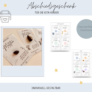 Puede incluir: La imagen muestra tarjetas personalizables con el texto "Abschiedsgeschenk" y "FÜR DIE KITA-KINDER". Las tarjetas presentan una pequeña piedra y la palabra "Mutstein". El diseño incluye ilustraciones estilo acuarela y la frase "Das perfekte Geschenk".
