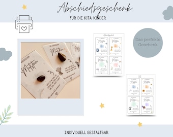 May include: The image showcases a set of customizable cards with the text "Abschiedsgeschenk" and "FÜR DIE KITA-KINDER". The cards feature a small stone and the word "Mutstein". The design includes watercolor-style illustrations and the phrase "Das perfekte Geschenk".