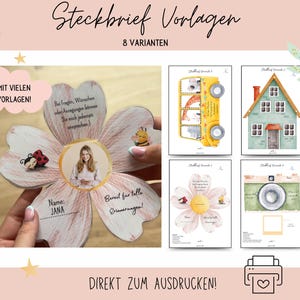 以下が含まれることがあります： 花、スクールバス、家、カメラなど、さまざまなデザインを特徴とする、8つの印刷可能なSteckbrief Vorlagen（プロフィールテンプレート）のセット。テンプレートは子供向けに設計されており、名前、写真、その他の情報を入力するスペースがあります。