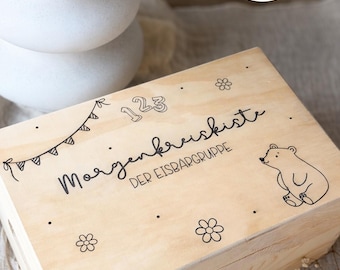 Personalisierte Morgenkreis Box aus Holz | Kita Geschenk | Aufbewahrungsbox mit Gravur | Wunschmotiv & Gruppenname | Kindergarten Zubehör