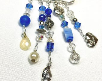 Handmade Beaded Kilt Pin | Brooch, Blue Glass Beads, Silver Charms