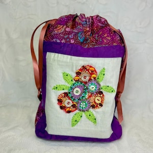Drawstring Bag | Floral applique Textile Art | Purple Pink Batiks | Handmade