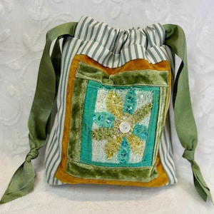 Handmade Drawstring Bag - Asymmetrical Patchwork - Floral  applique Textile Art - Green Ticking - Teal - Sage - Gold