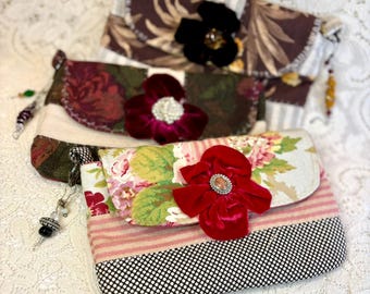 Fabric Clutch Pouch, Satin Lining, D-Ring with Bead Dangle, 3 Options