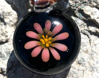 Bitterroot Flower, Hand Blown Glass Pendant Necklace on Braided Cord