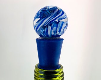 Hand Blown Glass Wine or Beer Bottle Stopper Silver Fumed Cobalt