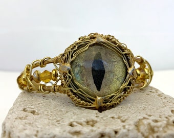 Golden Dragon Eye Bracelet, Wire Wrapped with Brass and Crystals