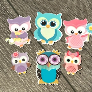 May include: A collection of six colorful owl-shaped stickers. The owls feature various designs, including floral accents, bows, and patterned wings. The color palette includes shades of pink, purple, blue, and teal, with white and black details.